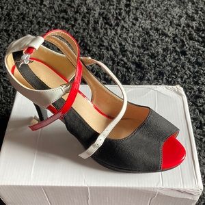 Red Black and white Suede and faux leather heels